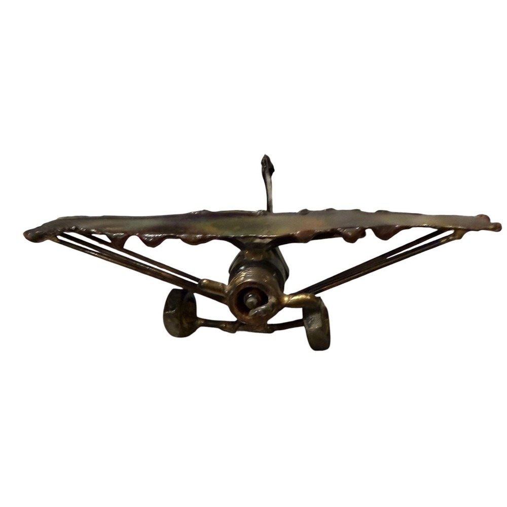 Vintage Brutalist Metal Airplane Sculpture Hand‎ Welded Biplane Figurine Patina